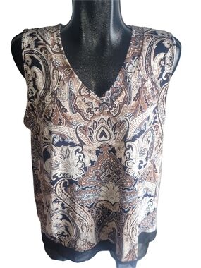 Cleo Paisley V-Neck Sleeveless Top In Brown And Black Size XL